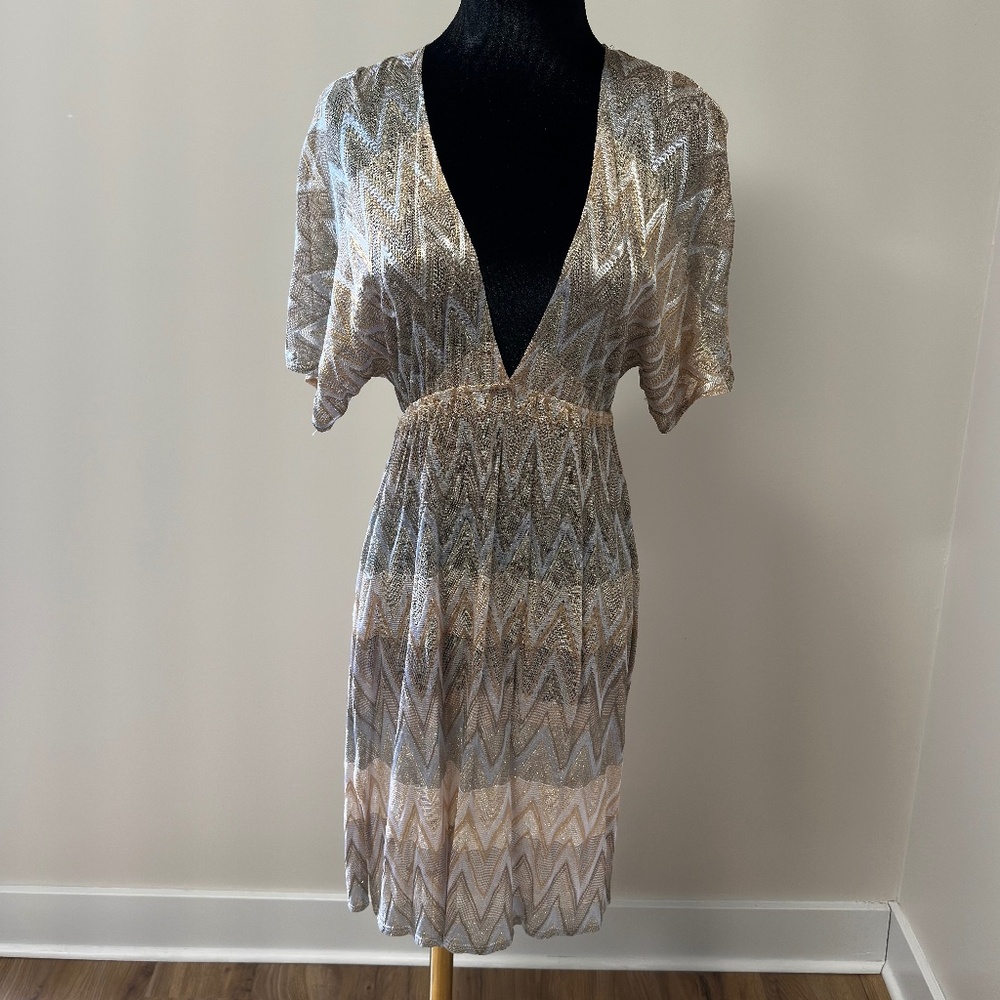 Vitamin A Swimwear Cover-Up Embroidered Metallic Beige & Gold | Size Small